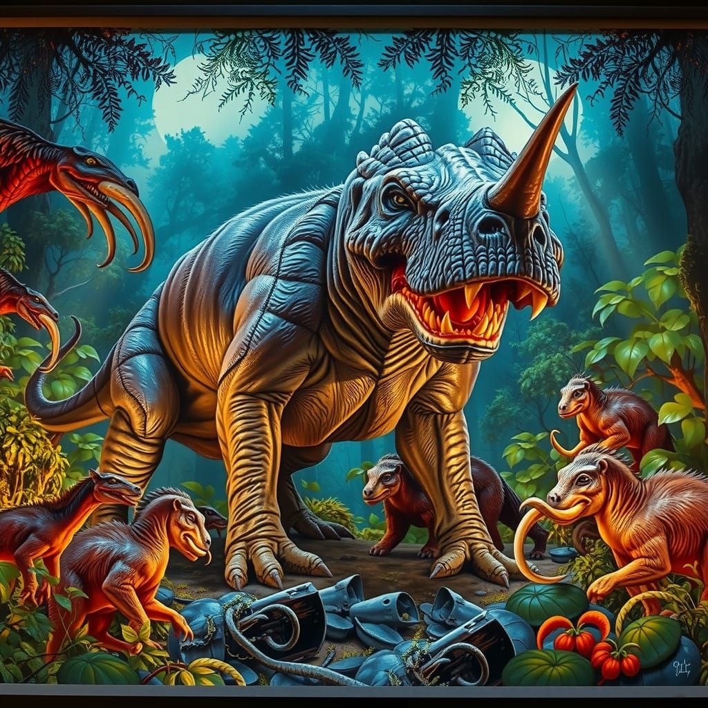 Saber-Toothed Smilodon Ambush in Primal Forest, Illuminated....