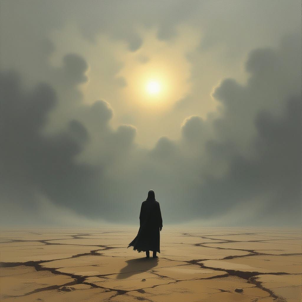 Surreal Figure Lost in Desolate Landscape