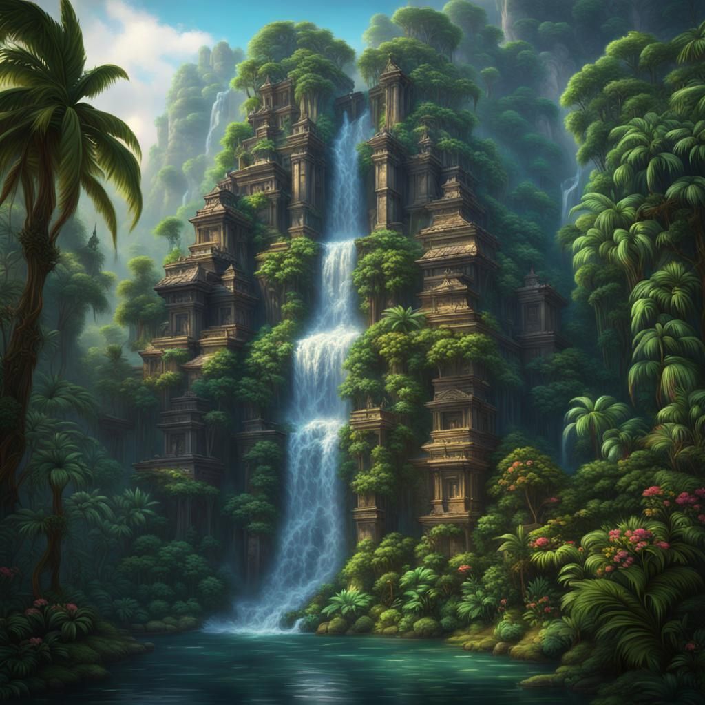 Tropical Jungle Waterfall with Temples: Digital Painting