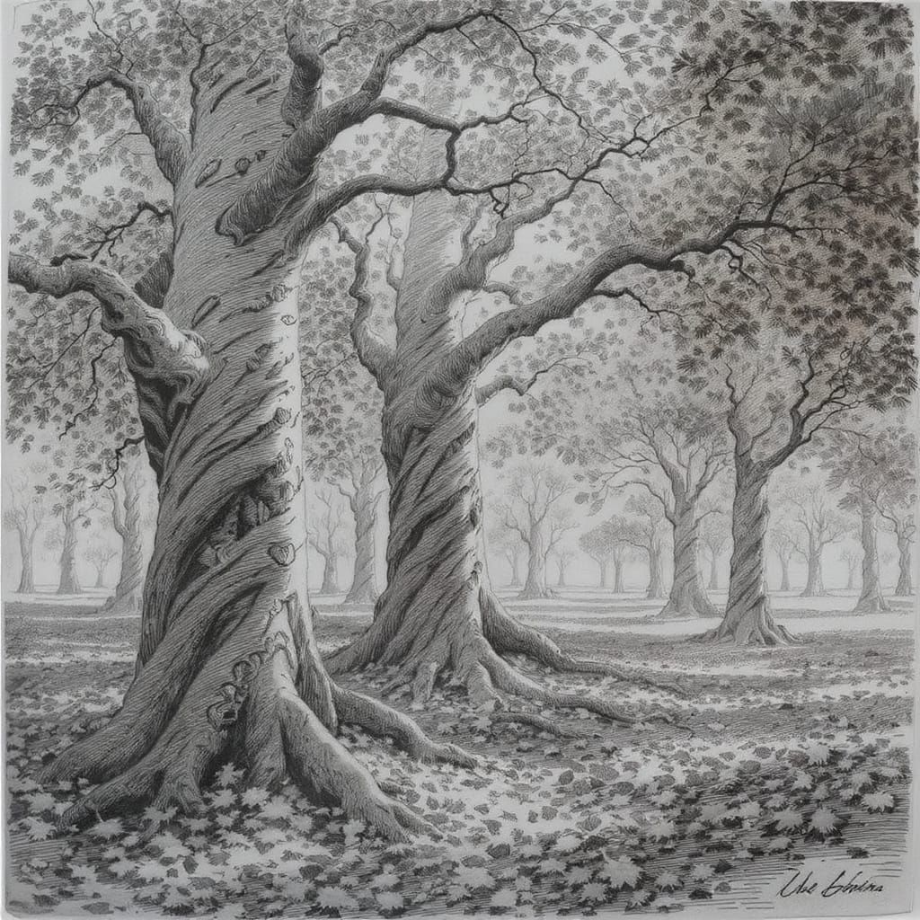 Surreal Forest of Beech Trees as Ballpoint Pen Sketch