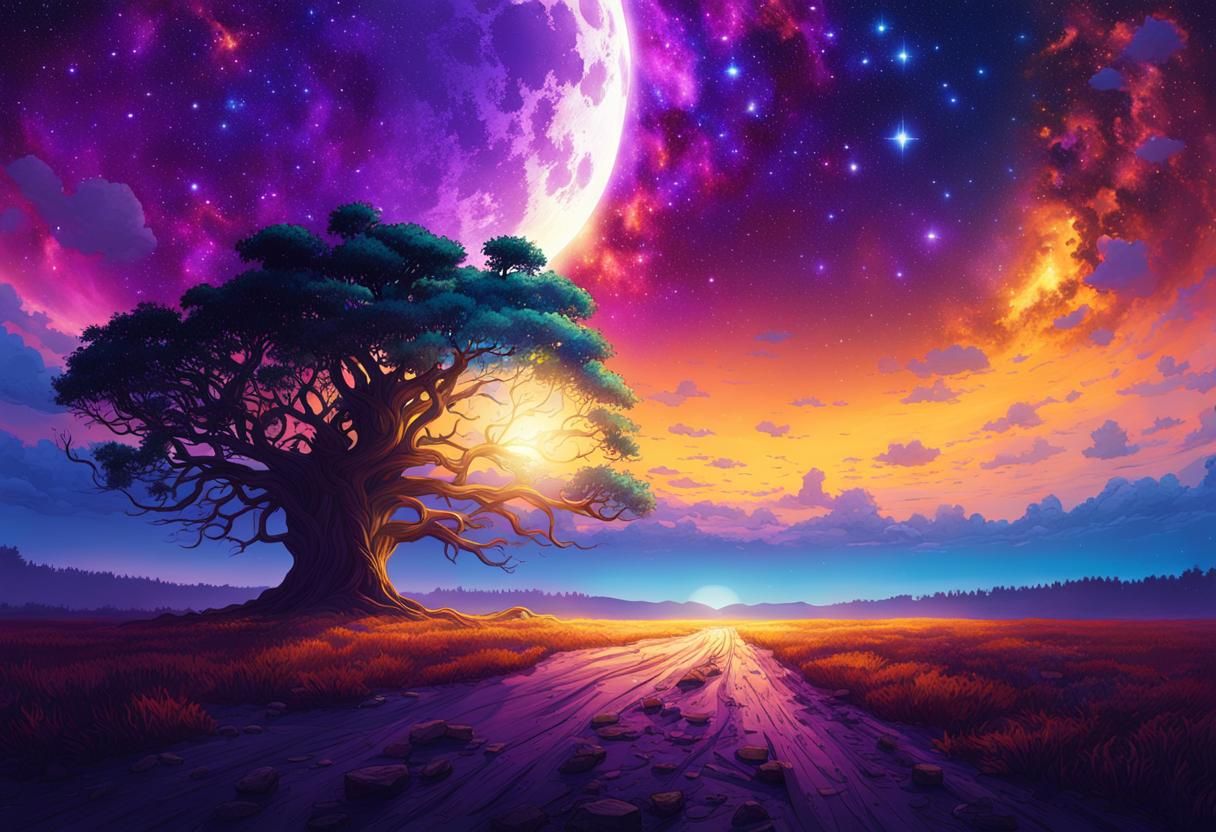 Mystical Tree Under Galaxy Sky: Dark Fantasy Art