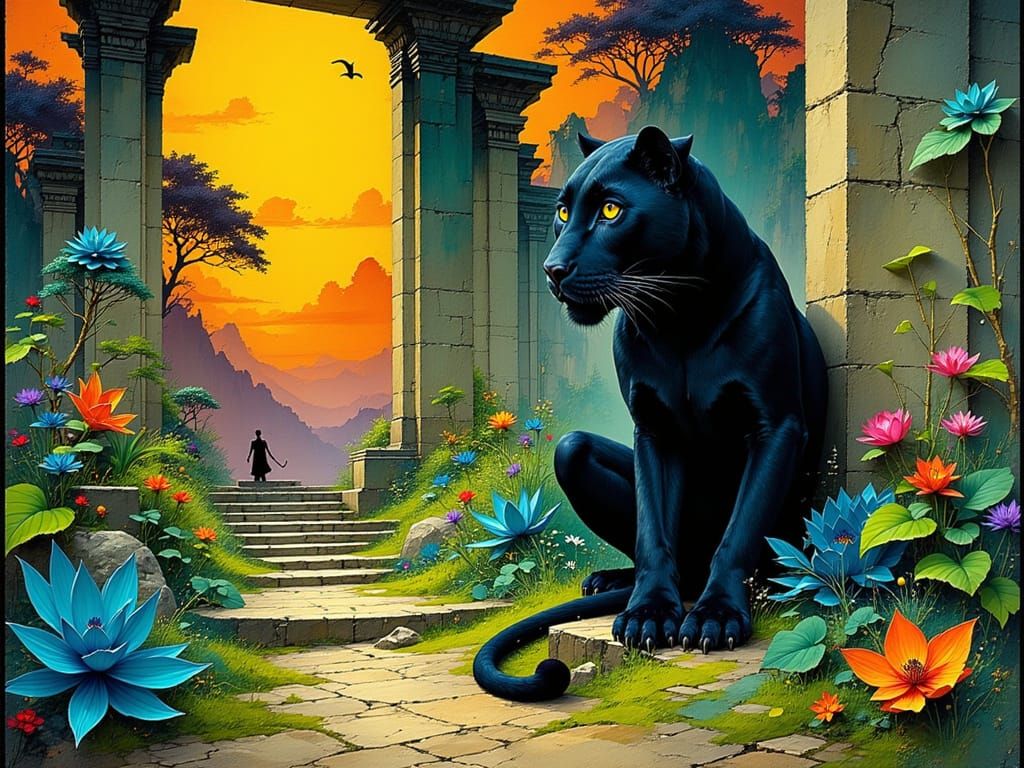 Majestic black panther, posing in a beautiful setting, guarding an old temple in a jungle