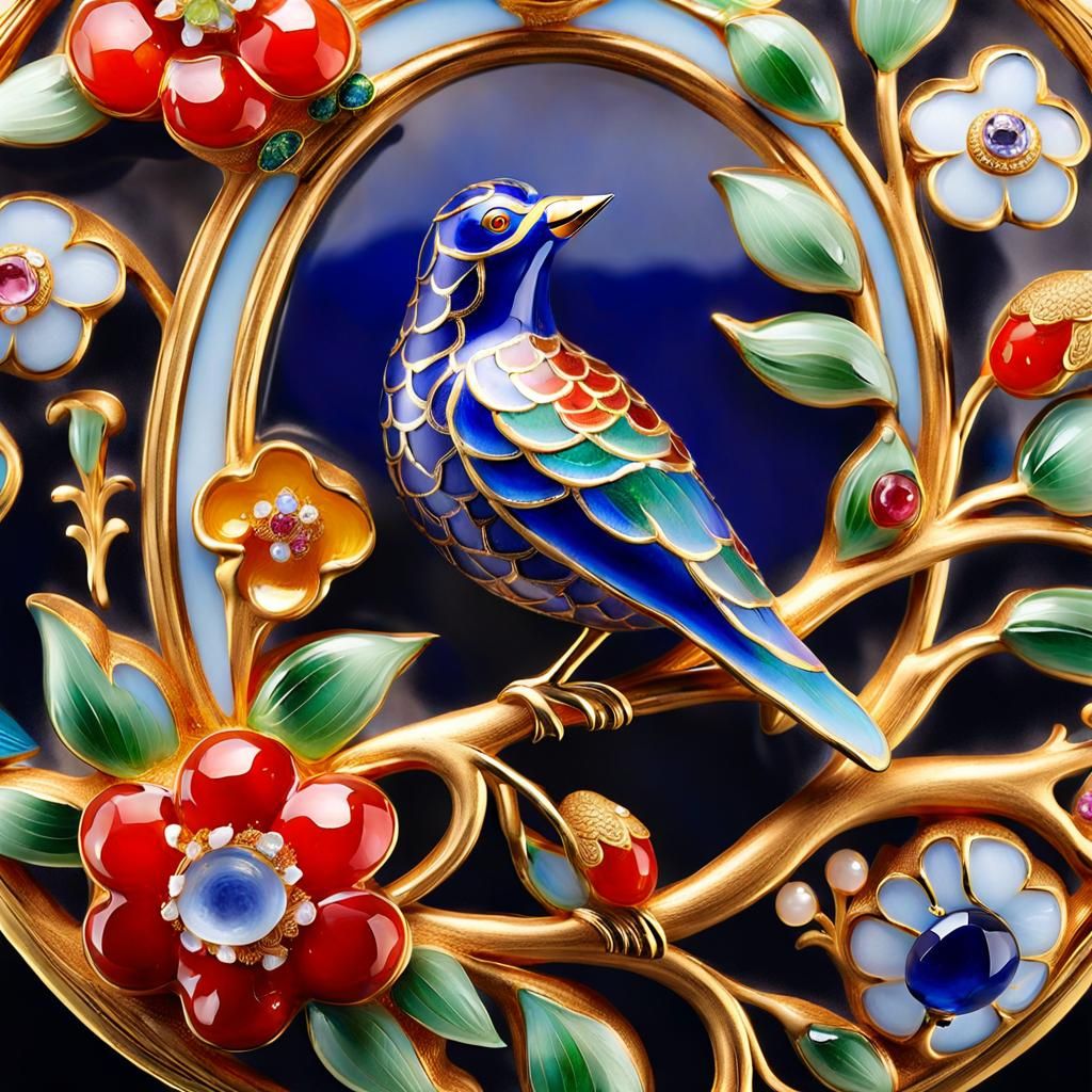 Elegant Enamel Glass Bird with Gold Leaf