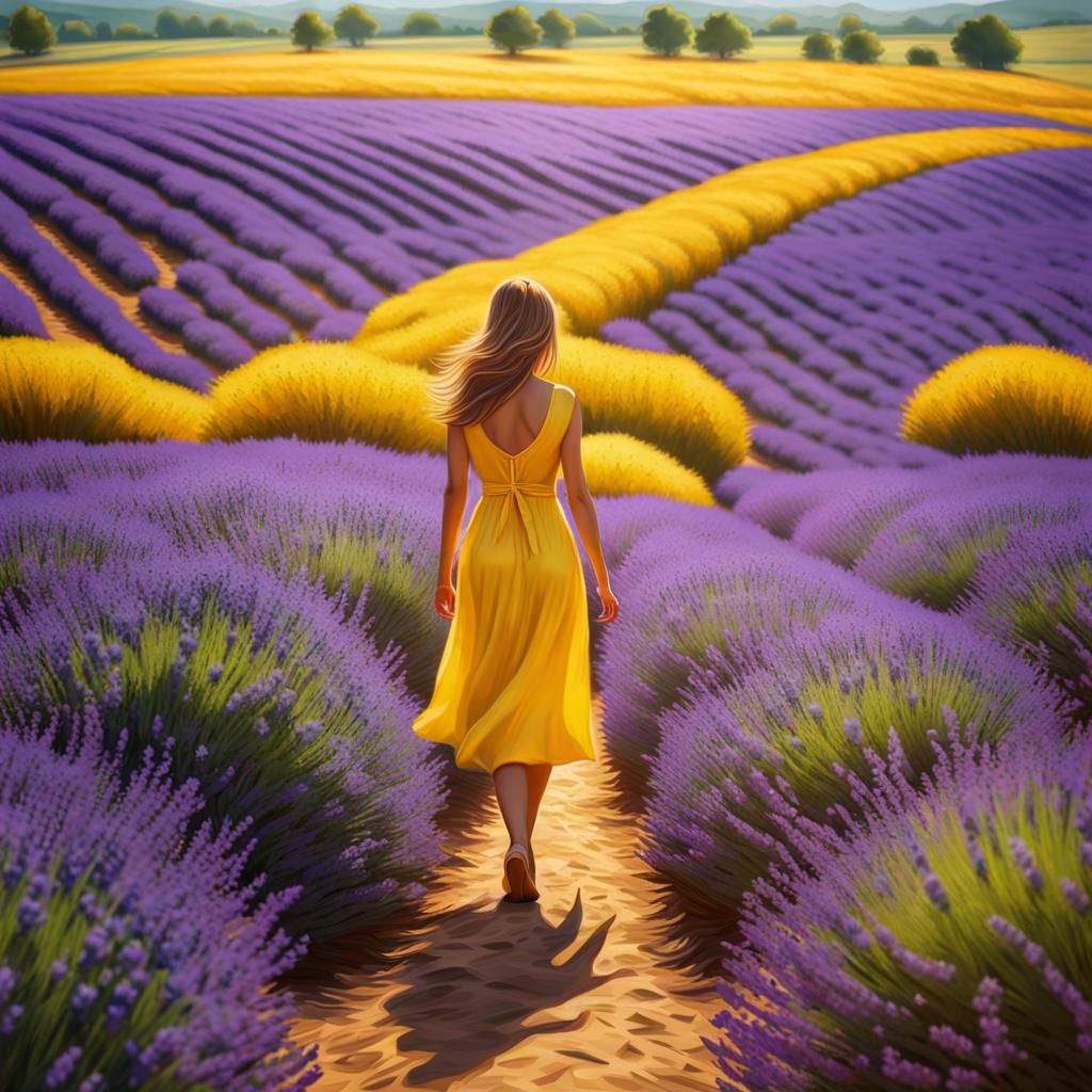 Woman in Yellow Dress, Lavender Field, Isometric Impressioni...