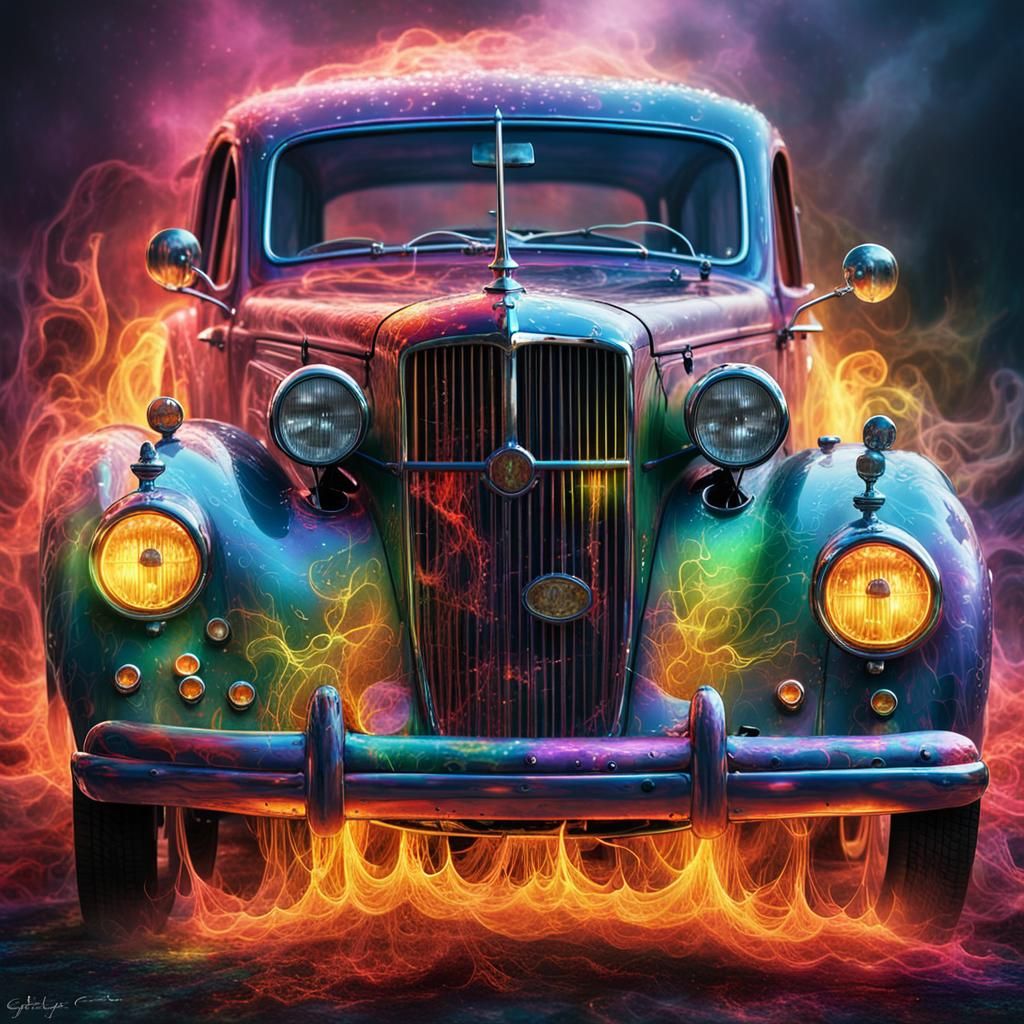 Glowing Flame Car in Surreal Photorealistic Style