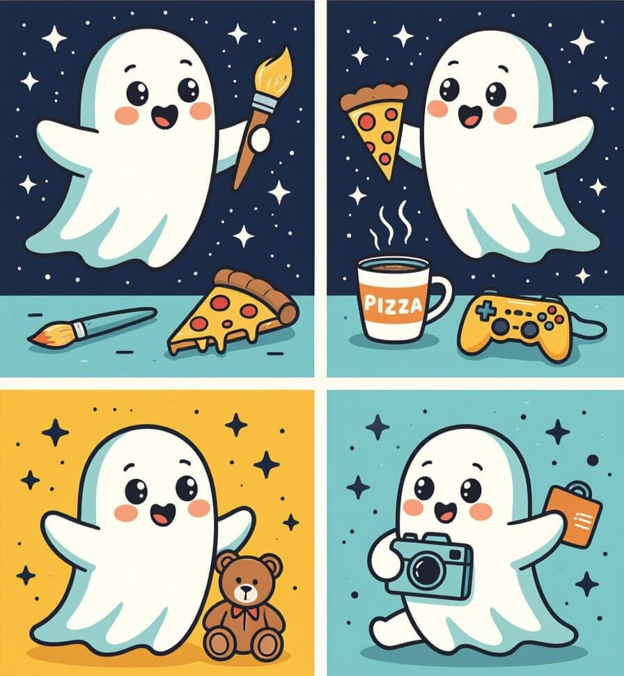 Cute Cartoon Ghosts Enjoying Hobbies in Line Art Style