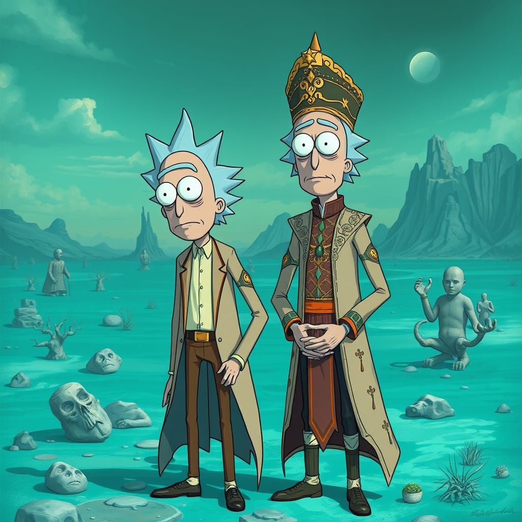 Rick and Morty in Surreal Sfumato Landscape