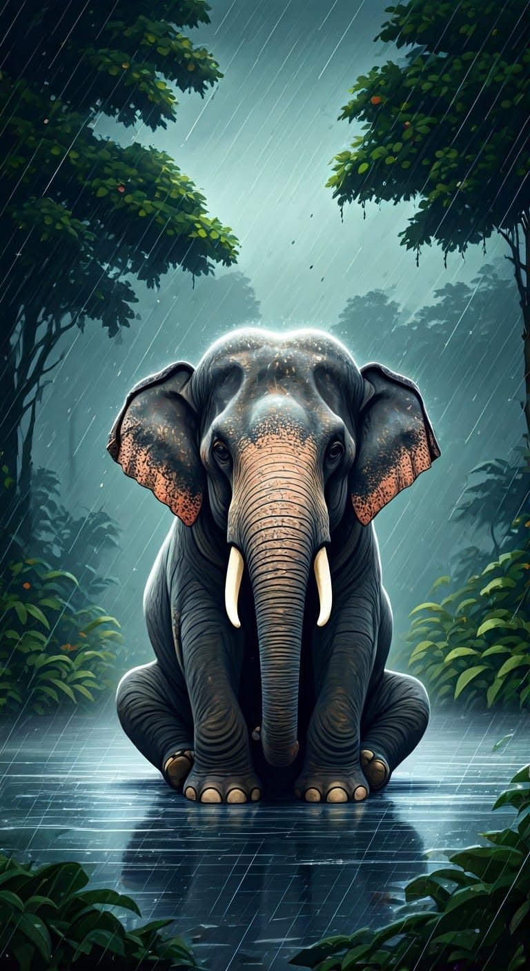 Elephant Seated in Rainy Indonesian Landscape