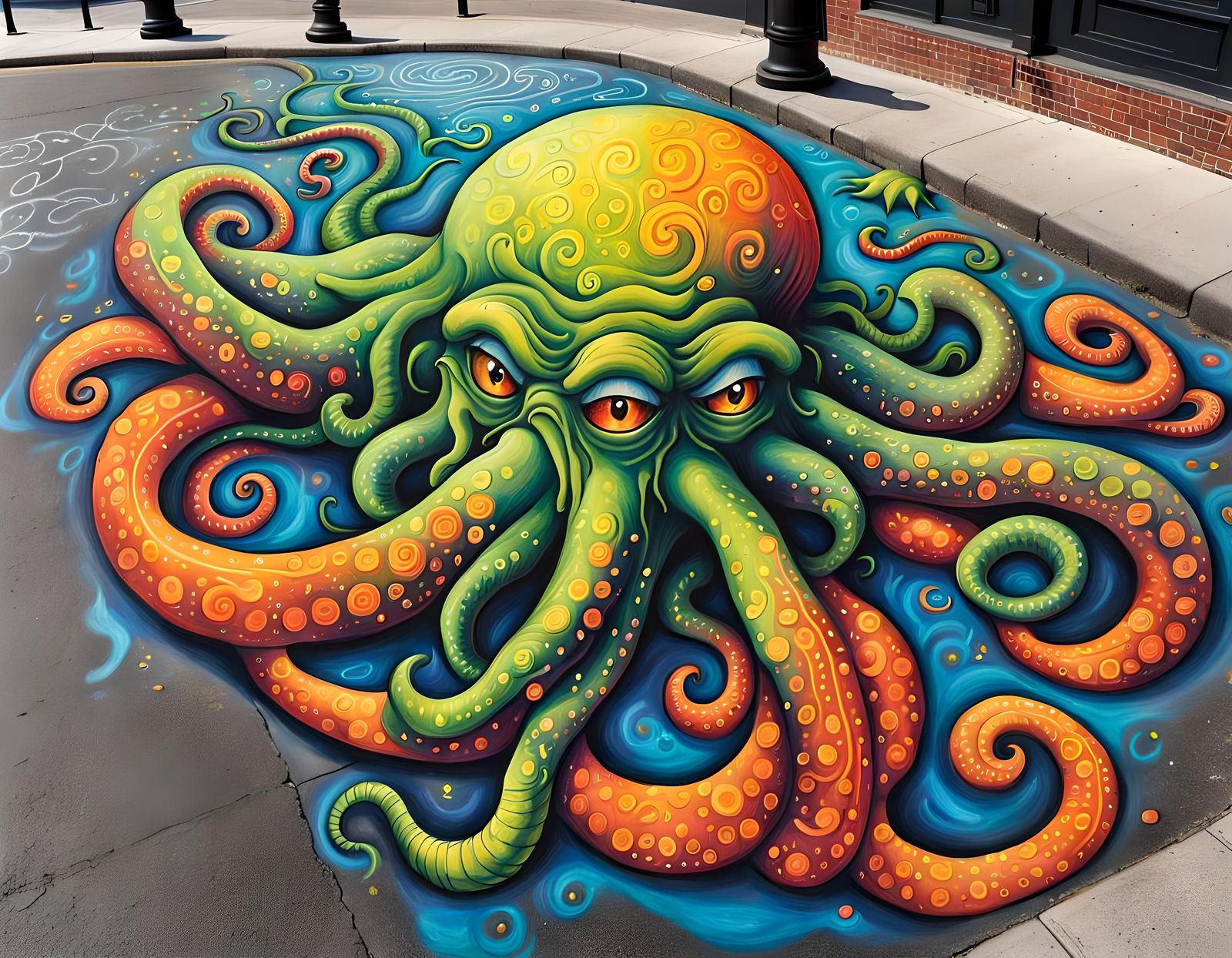 Cartoon Cthulhu Chalk Art Bursting From Sidewalk