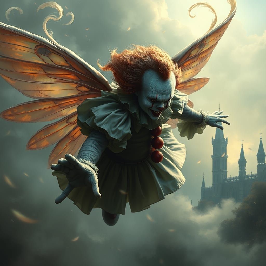 Pennywise with Fairy Wings in Dreamlike Landscape