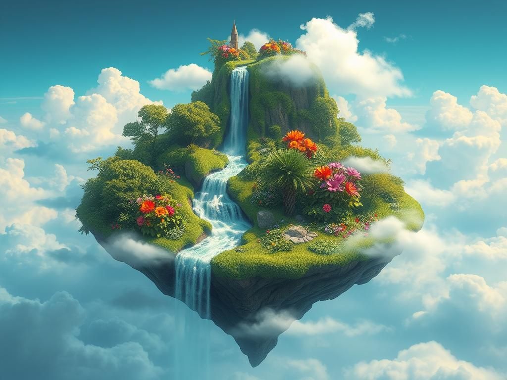 Mystical Floating Island with Waterfall in Digital Art Style
