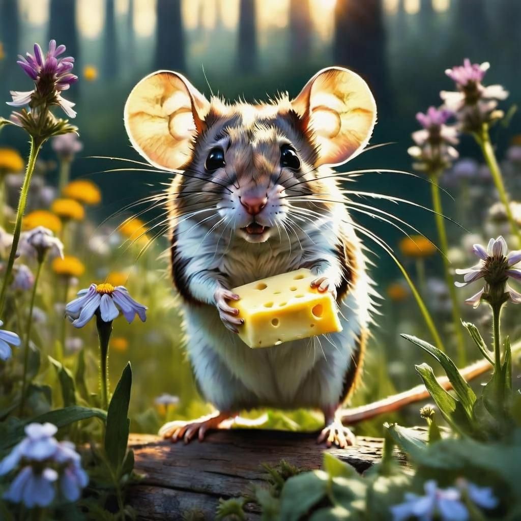 Mouse in Wildflower Garden with Cheese, Oil Painting