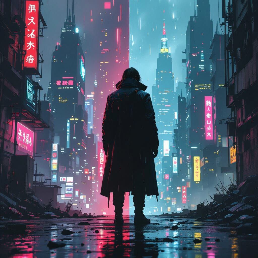 Cyberpunk City Border at Night in Noir Style