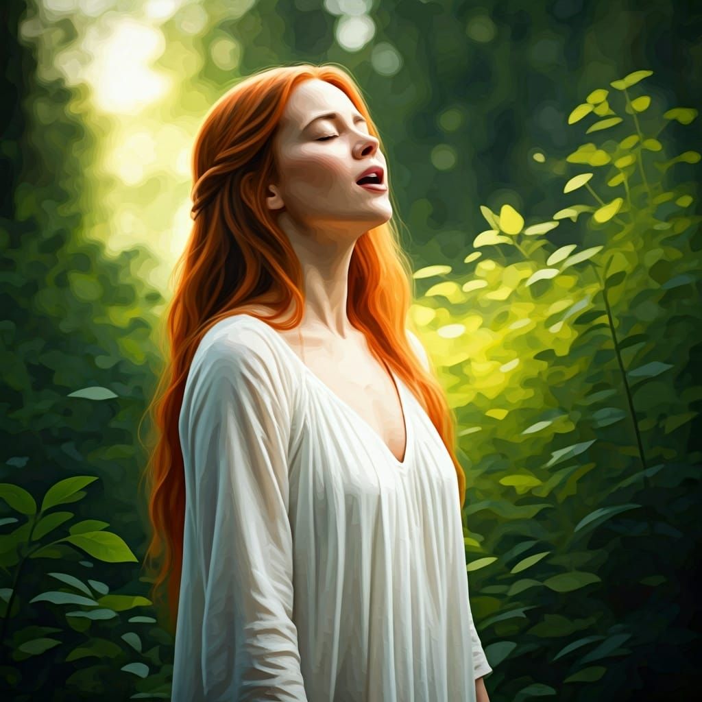 Serene Woman Singing in Nature, Digital Watercolor