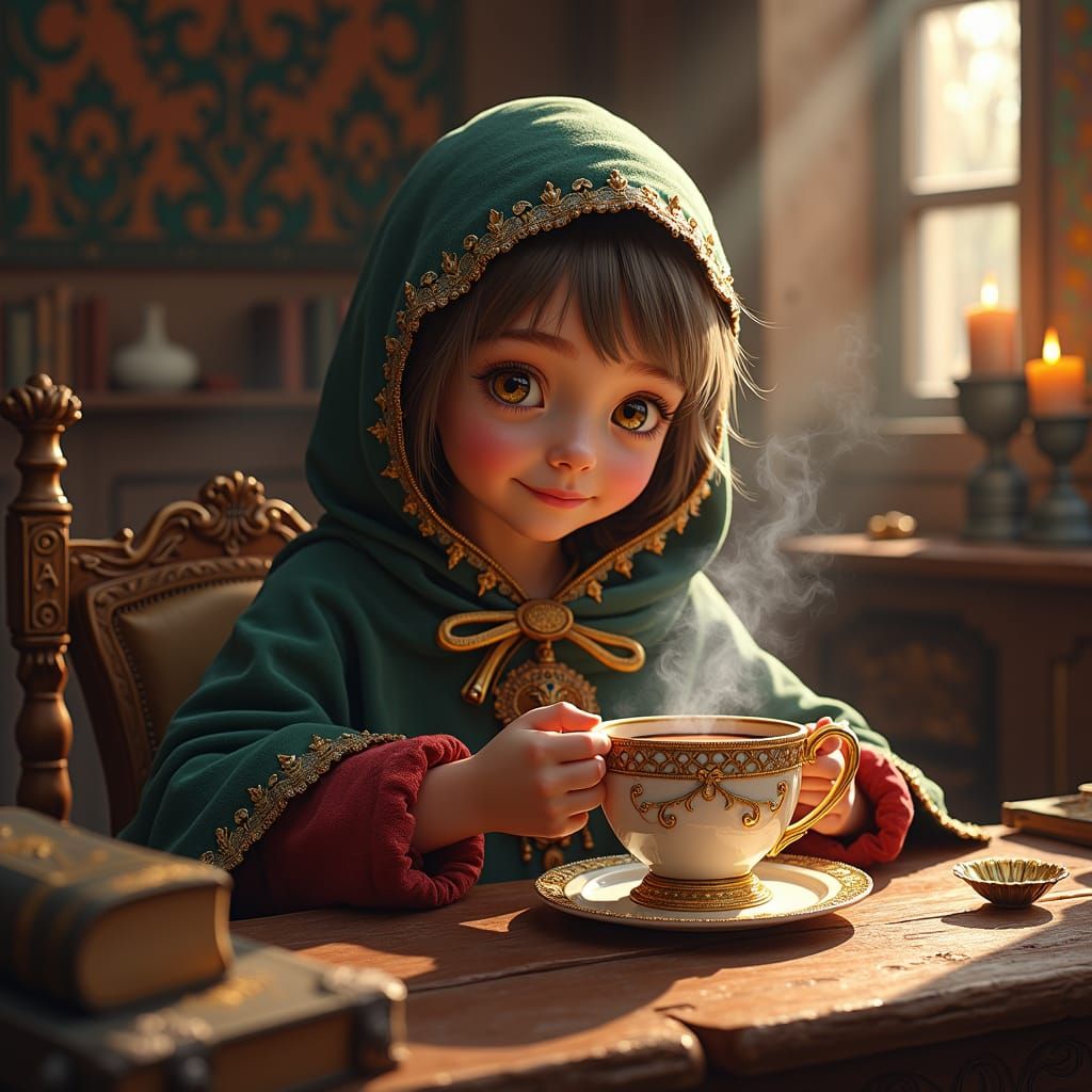 Girl Sipping Chocolate in Fantasy Medieval Setting