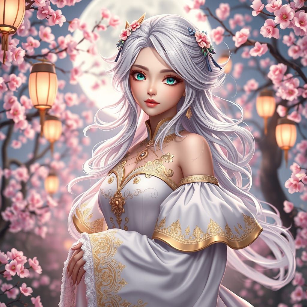 Ethereal Elegance in a Moonlit Garden of Cherry Blossoms