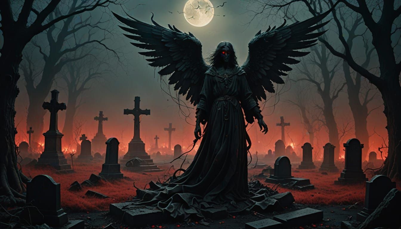 Majestic Angel Confronts Death in Haunting, Moonlit Graveyar...