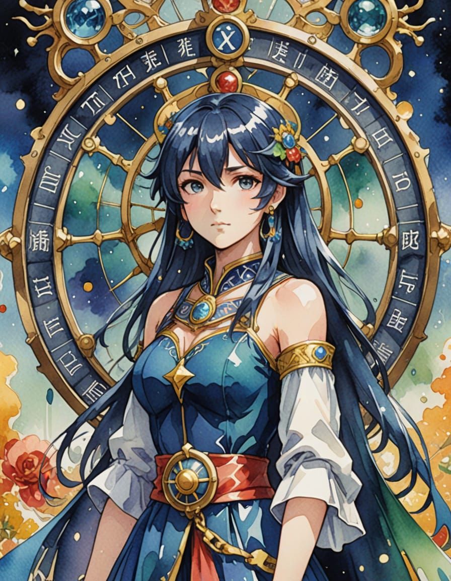 Surreal Anime Tarot Card Unfolds in Vibrant Watercolor Style