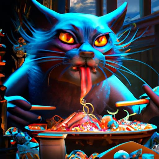 Lucifer cat eating spaghetti