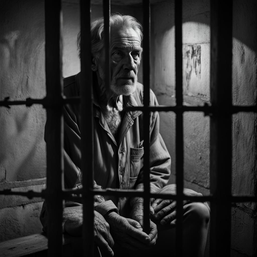 Old Prisoner Waiting for Freedom in Charcoal