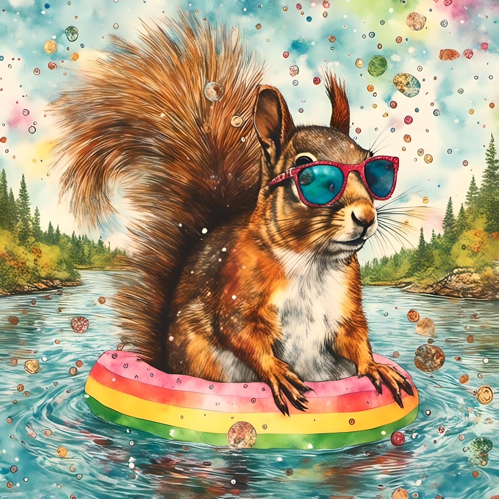 Whimsical Collage: Squirrel on Unicorn Float