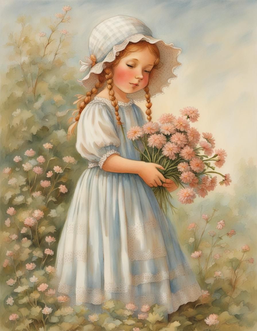 Girl in Bonnet with Flowers in Holly Hobbie Style