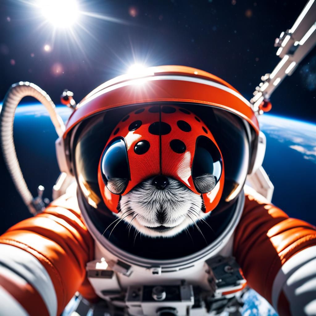 Ladybug Astronaut Selfie in Space: Hyperrealistic Art