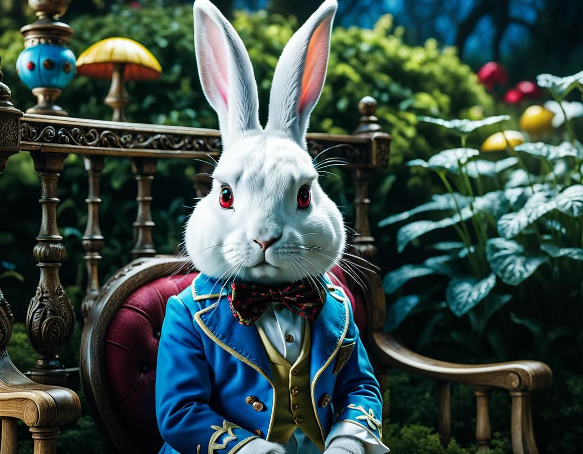 Hyperrealistic White Rabbit in Wonderland