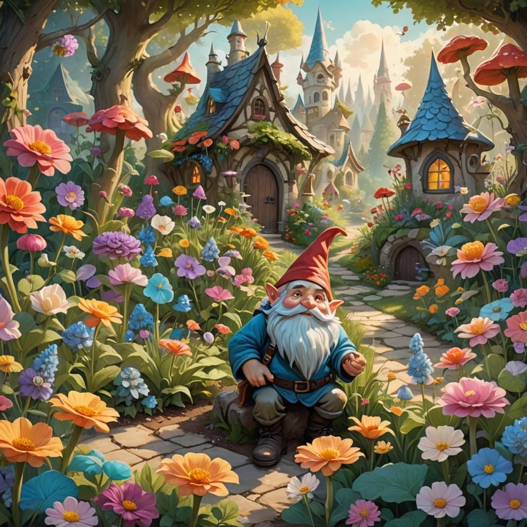 Gnome in Magical Garden Illustration
