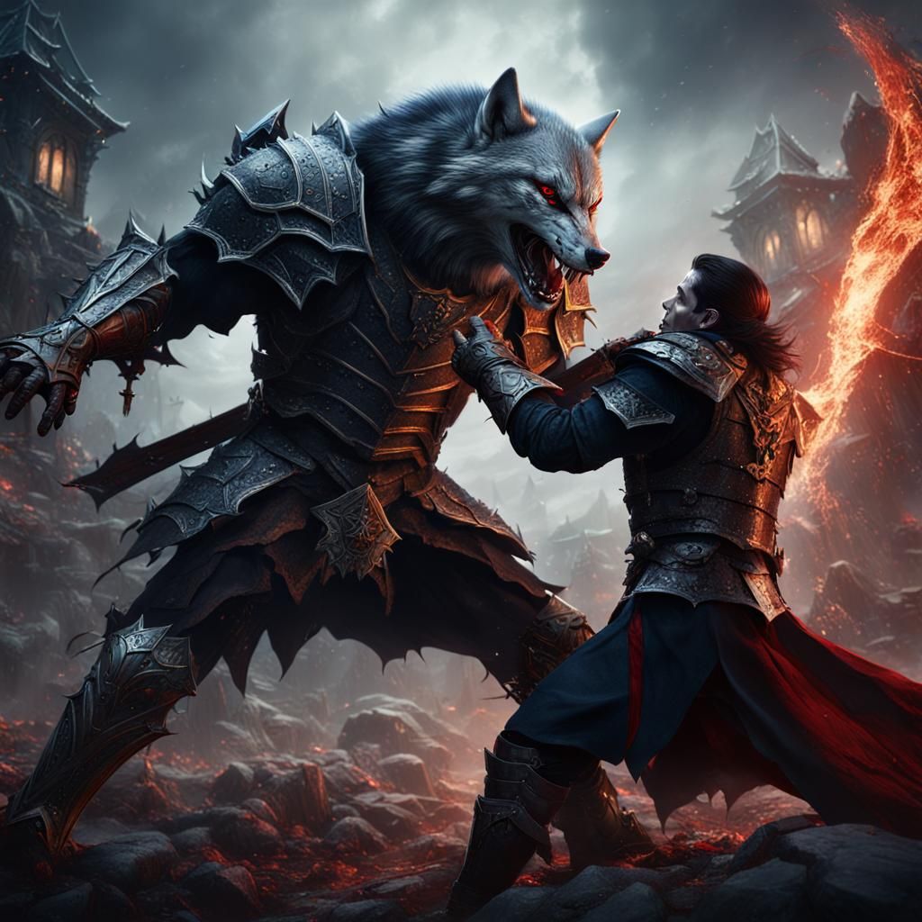 wolf in armor fighting a vampire