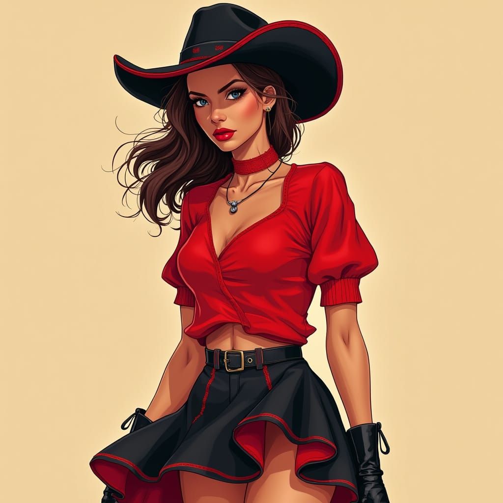 Fierce Cowgirl in Bold Red and Black Ensemble