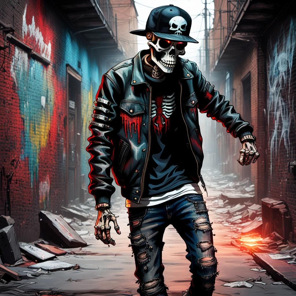 Skeleton Skateboarder in Dark Fantasy Alleyway