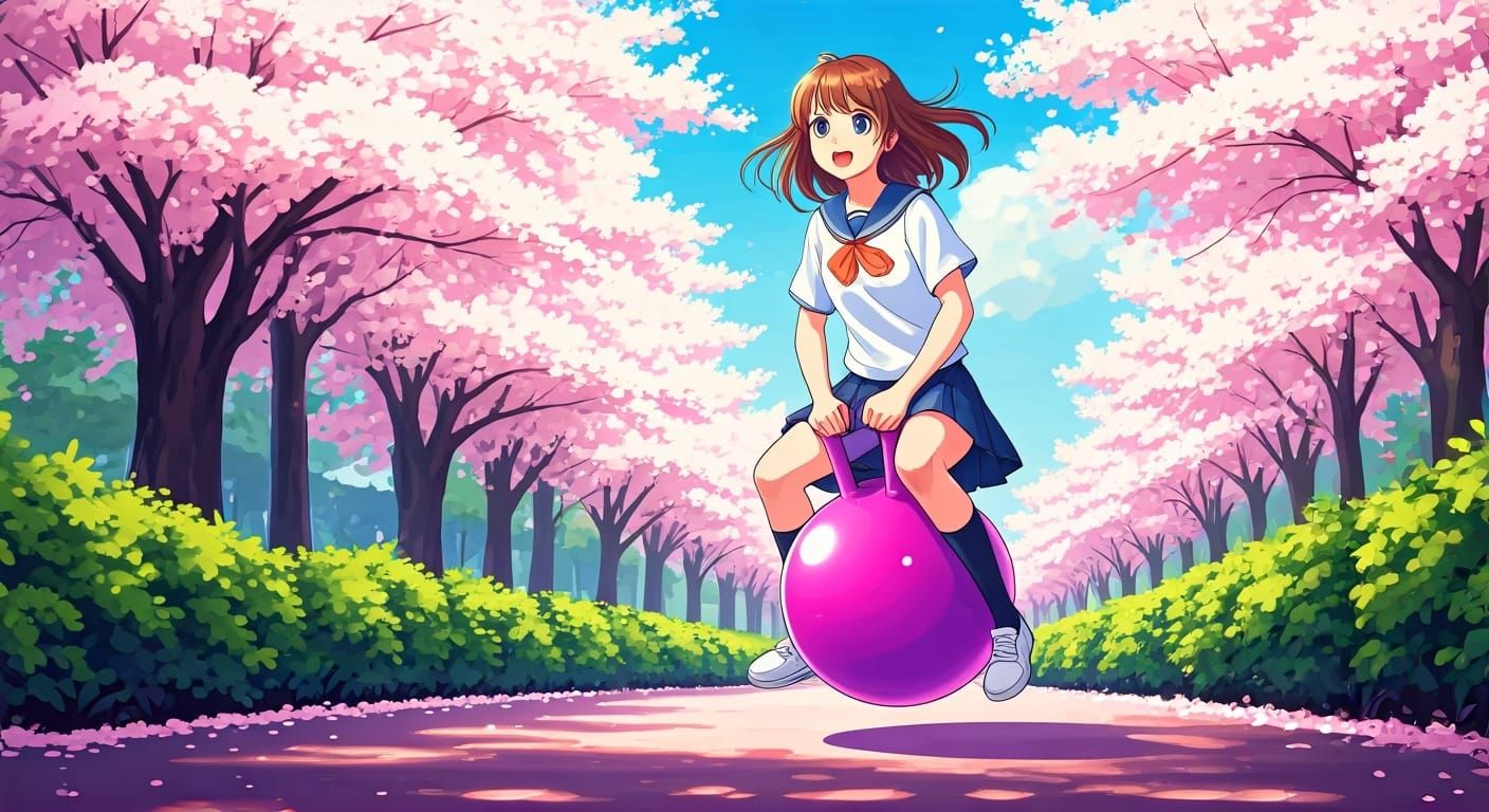 Schoolgirl on Space Hopper in 90s Anime Style