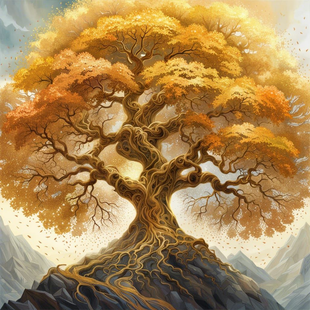 Golden Translucent Tree Ascending Above Mountains, Digital A...