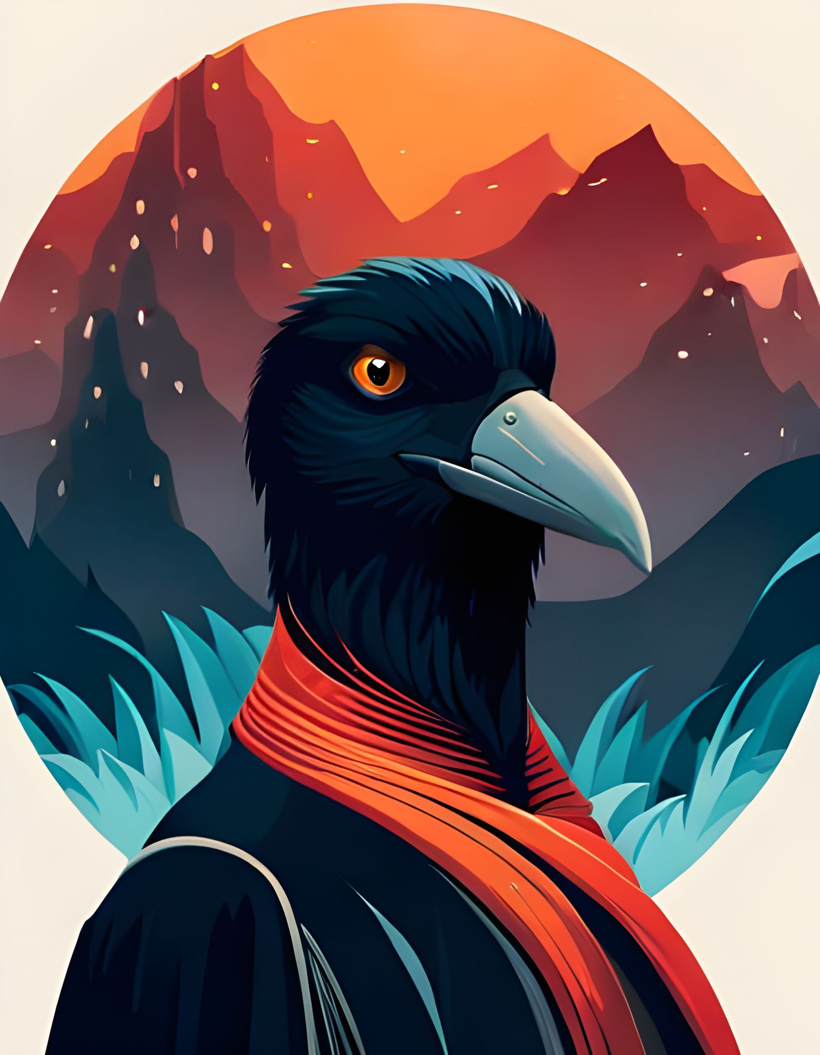 Anthropomorphic Crow Portrait in Retrofuturist Style