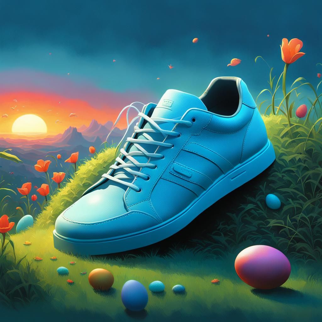 Shoe, art by wayne barlowe, light, scRGB, Nature Sunsets, volumetric lighting, 16-bit, art by goro fujita, light blue ba...