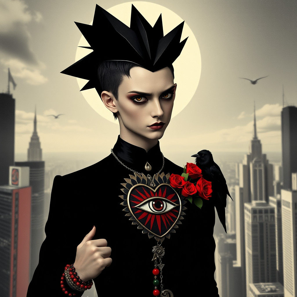 Punk Goth Figure in Surreal Dada Cityscape