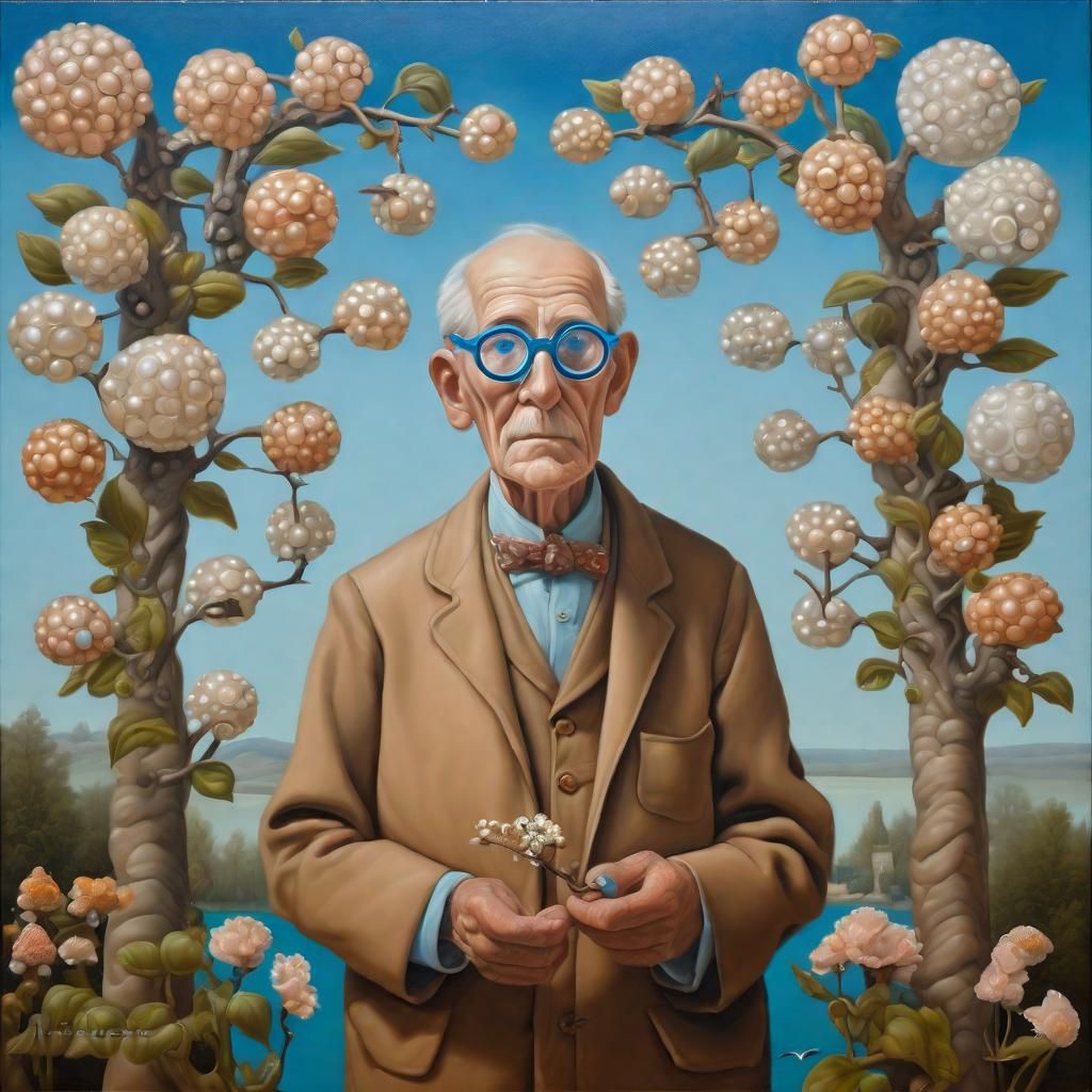 Surreal Oil Painting of Elder's Quest for Wisdom
