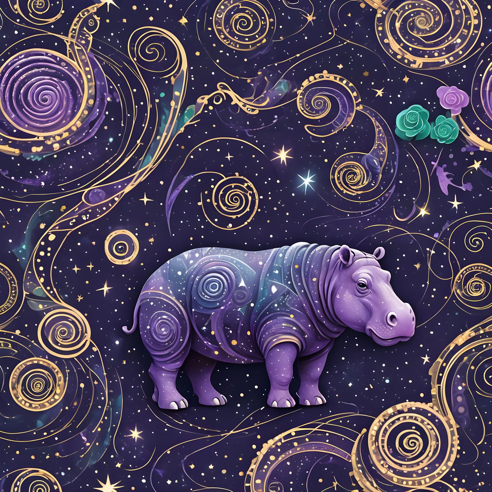 Intricate Purple Hippo with Translucent Light Spiral