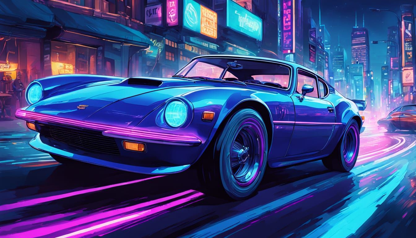 Retro-Futuristic Blue Sports Car in Neon City