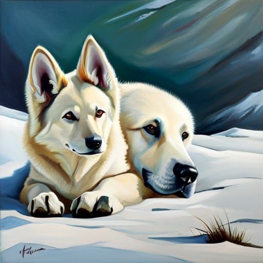Realistic Oil Painting of White Shepherd Dog