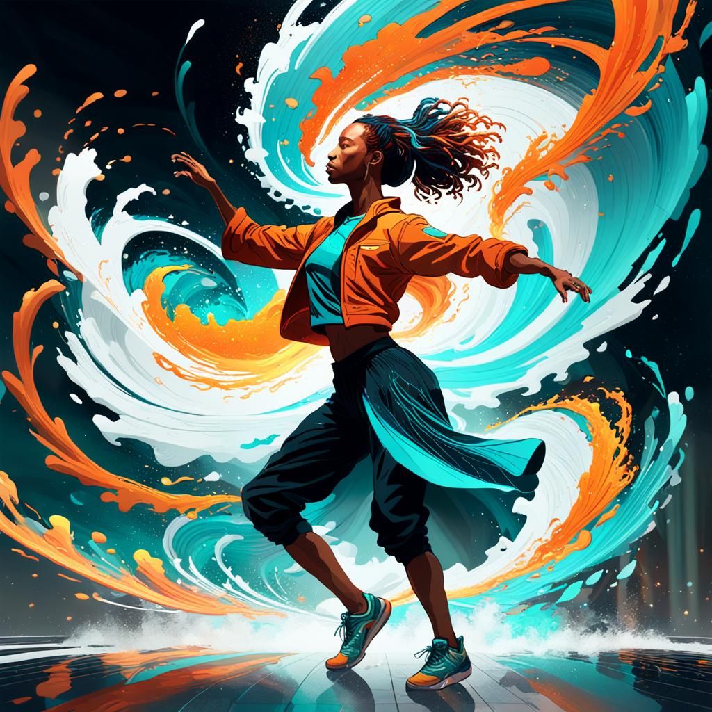 Person Dancing Amidst Swirling Soundwaves in Splash Art