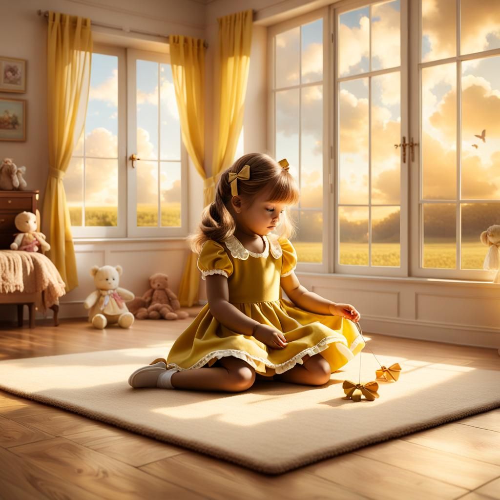 Hyperrealistic Digital Art of Joyful Girl in Cozy Children's...