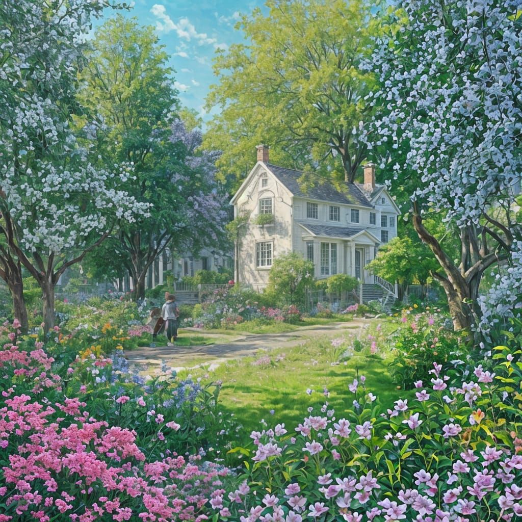 Fairytale Cottagecore Landscape in Grungy Watercolor Style