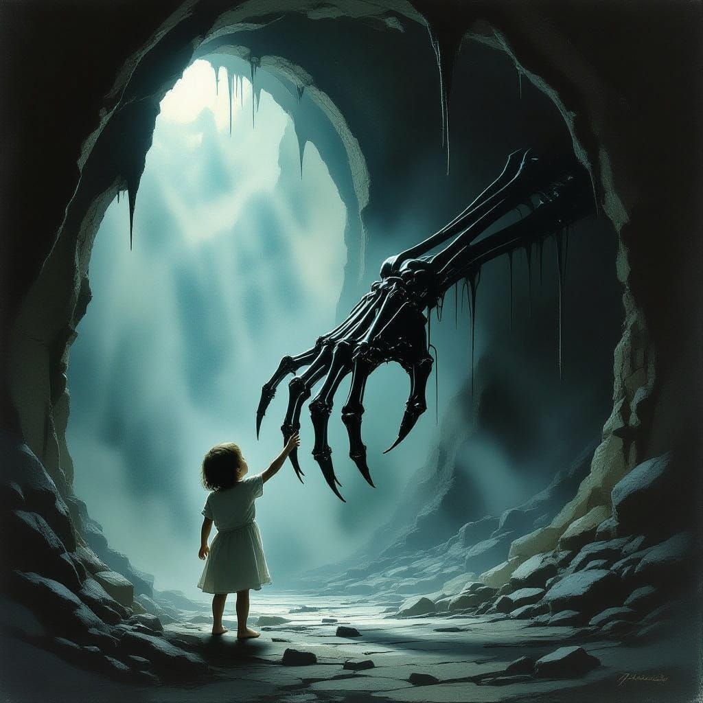 Skeletal Hand Grabs Child in Dark Fantasy Room