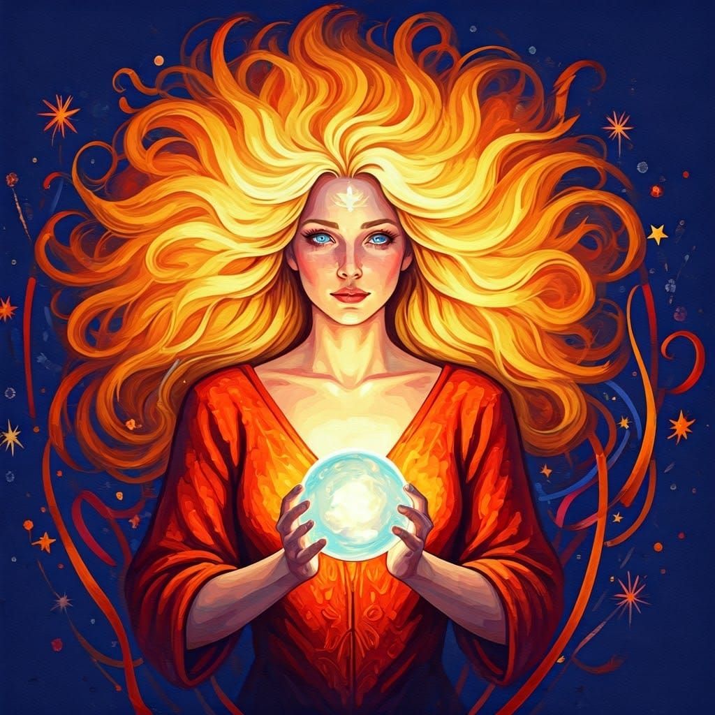 Phoenix Tarot Reader in Gouache Style with Fireworks