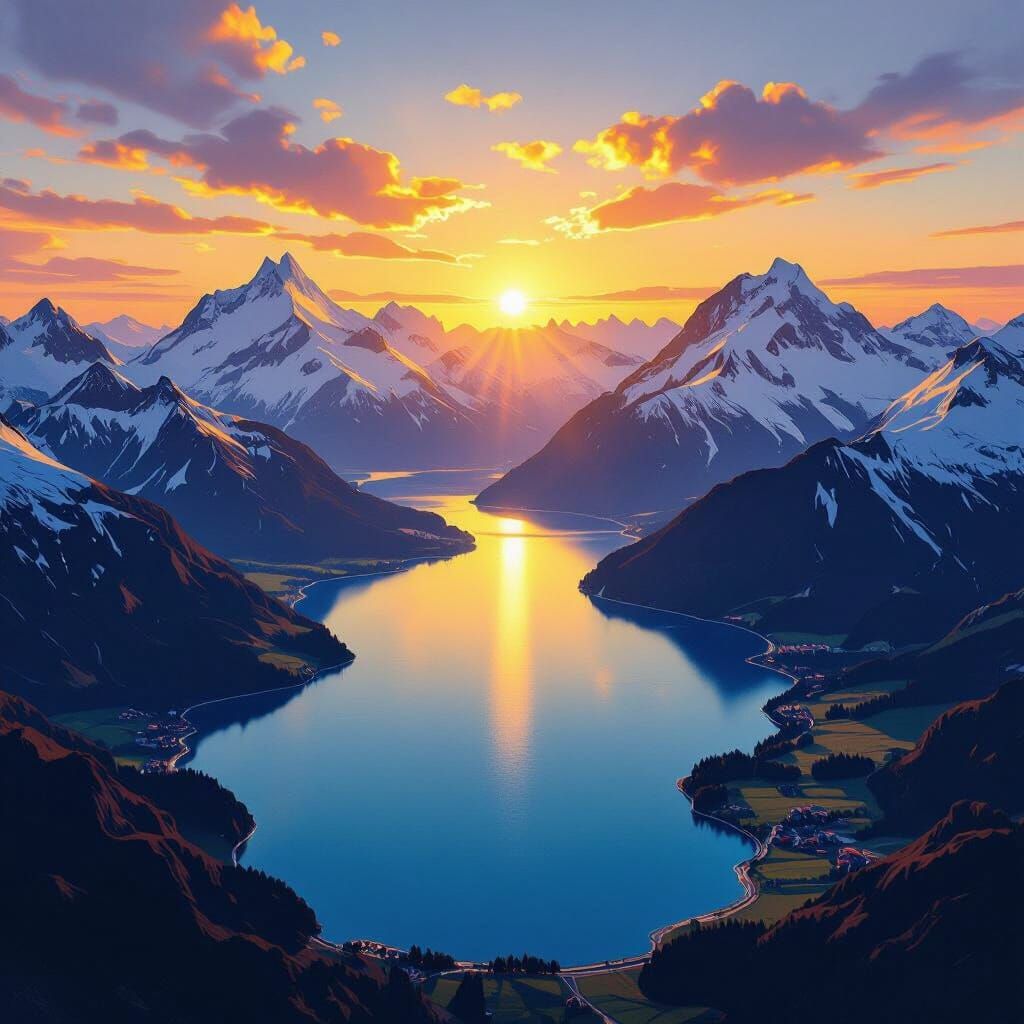 Swiss Alps Sunset Aerial View: Golden Peaks Over Mirror Lake