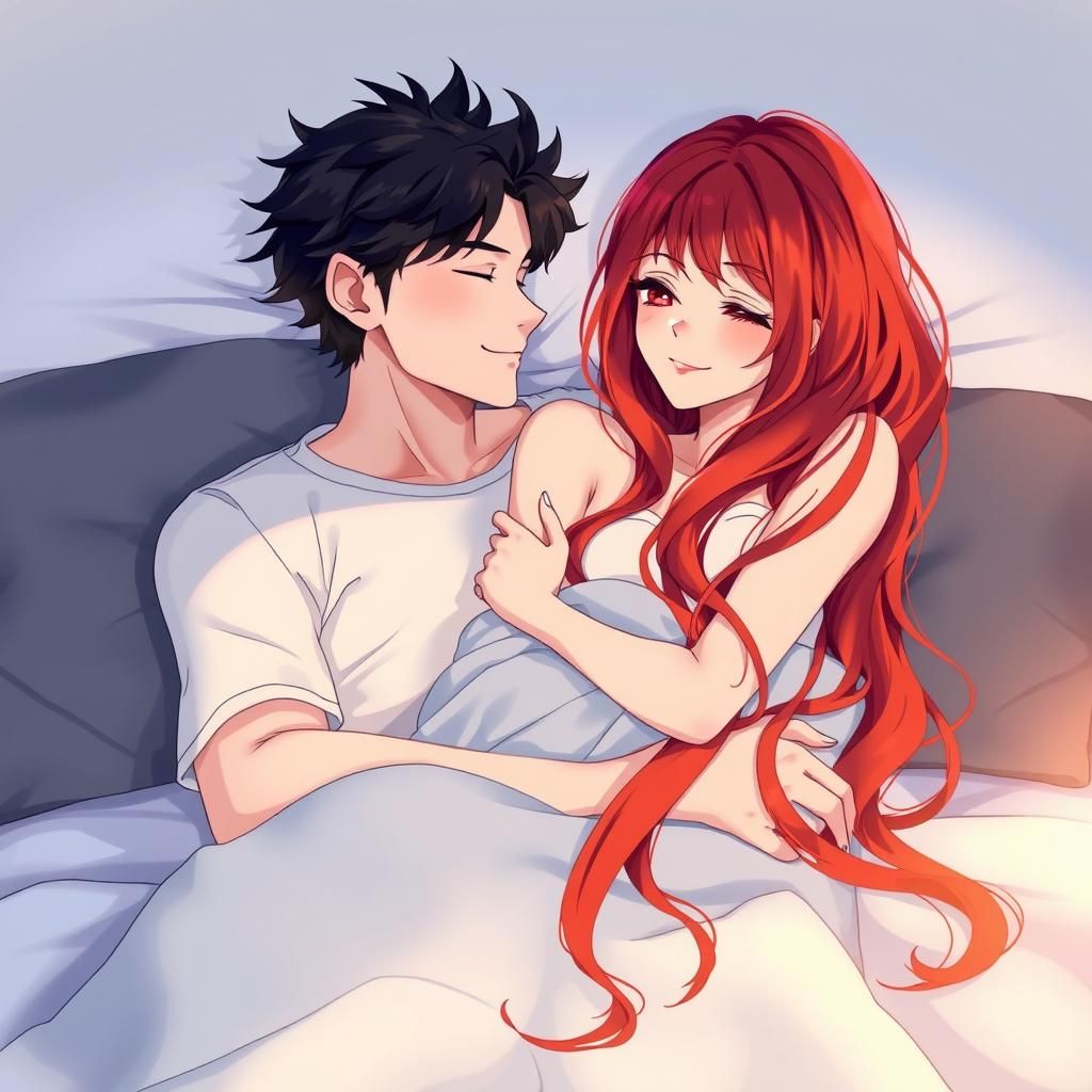Anime-Style Couple Snuggling in Bed