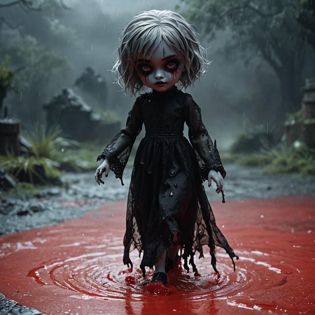 Gothic Monster Doll Dancing in Viscous Puddle