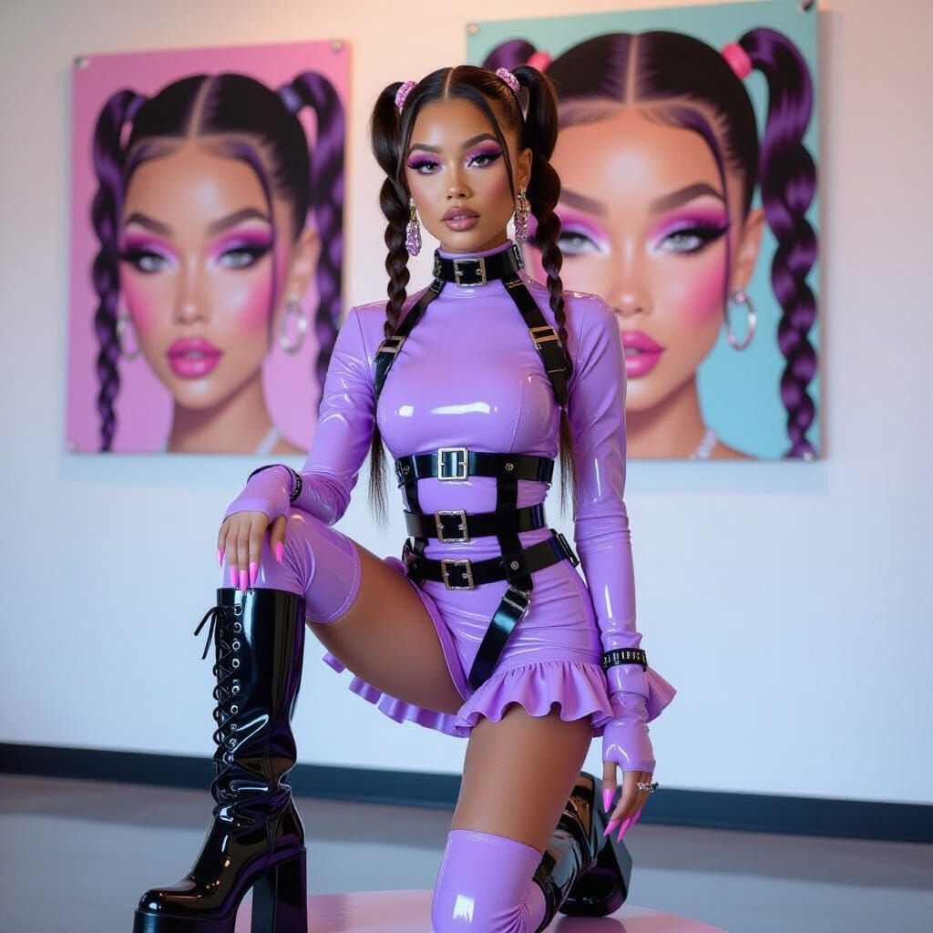 Woman in Lavender Latex with Mismatched Boots, Stylized Mirr...
